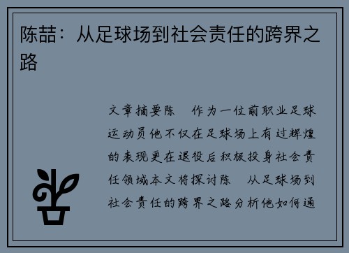 陈喆：从足球场到社会责任的跨界之路